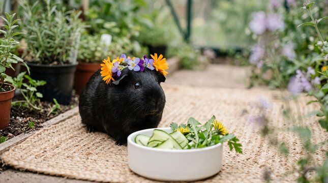 Black guinea pig beside fresh greens for spring pet care