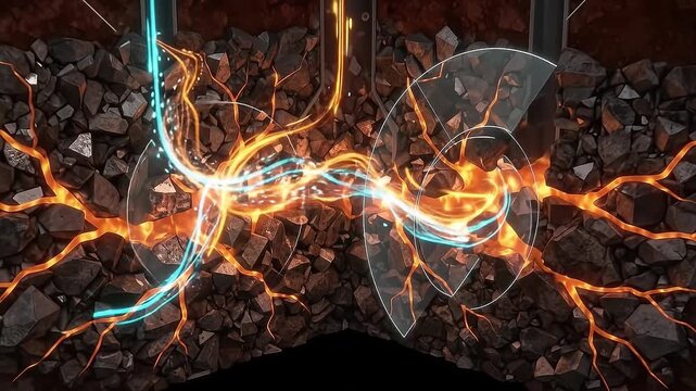 Geothermal energy power plant 3D infographic showing underground heat extraction and thermal circulation in geological rock layers