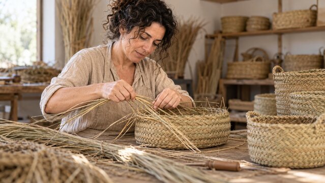 Woman artisan weaving an esparto basket in a warm sunlit Spanish workshop