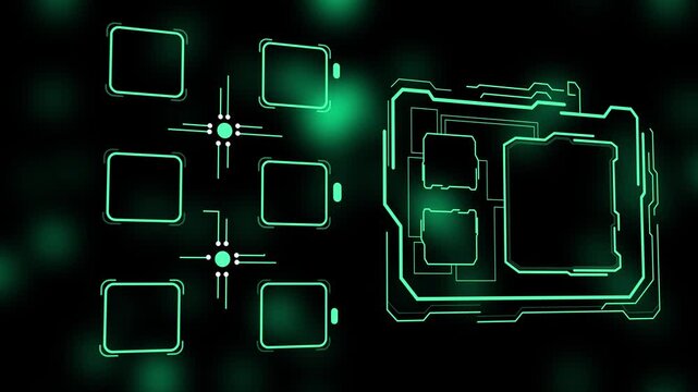 Futuristic quantum core processor hud interface with glowing green digital circuit network nodes, artificial intelligence and cyber security tech animations for advanced computing projects