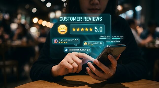 Business Owner Reviewing Five Star Customer Feedback on a Digital Interface