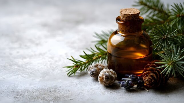 A small amber bottle with cork stopper sits beside pine branches  pinecones  and dried lavender on a textured gray surface