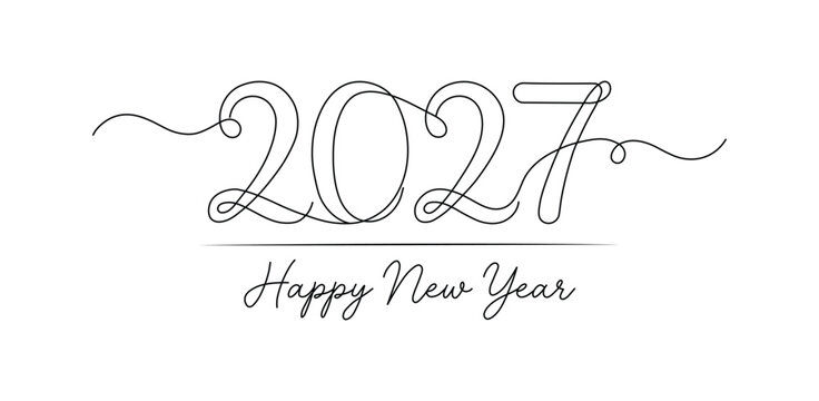 Happy New Year 2027 continuous line art typography banner, featuring minimalist linear number design with handwritten lettering, vector illustration