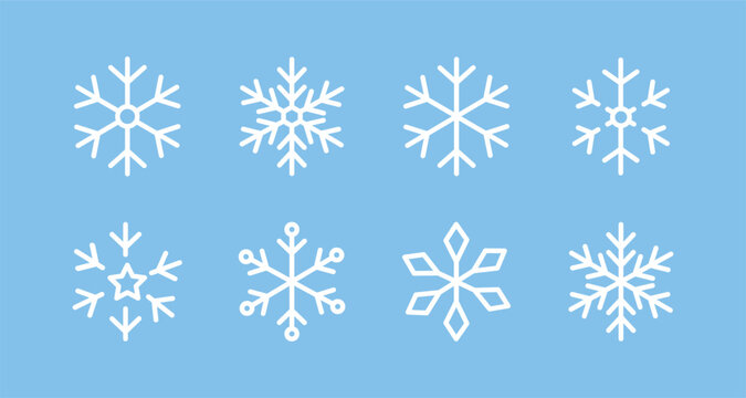 Snowflake line icon set, featuring white geometric linear snow crystal symbols on blue background for winter and Christmas holiday decoration