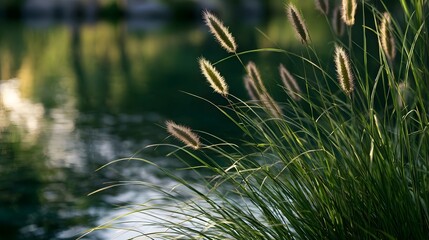Naklejka premium Graceful grasses with feathery seed heads sway gently beside a calm reflective water surface under soft golden light