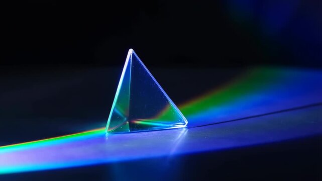 60 FPS Glass prism refracting white beam into rainbow spectrum on dark studio surface