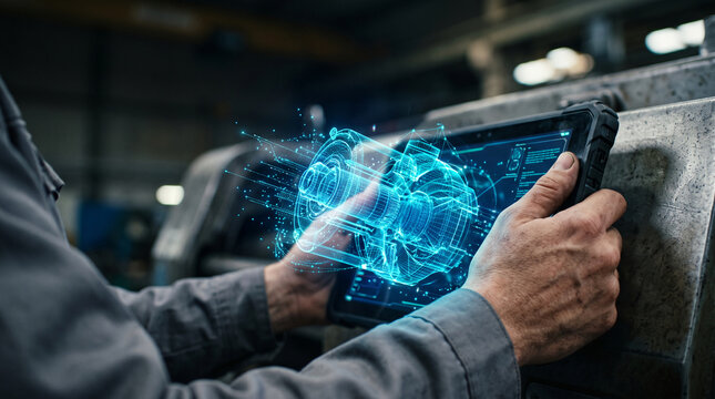 Faceless industrial worker hands holding rugged tablet with glowing digital 3D mechanical part hologram in smart factory