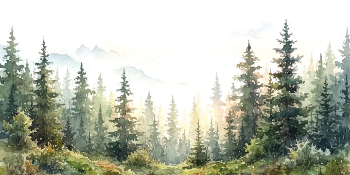 Tall evergreen pine trees in a misty mountain forest landscape
