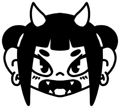 Cute devil girl head character with horns and fangs vector line art illustration