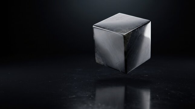 Floating black cube on dark surface minimalist abstract shape for black friday promotions
