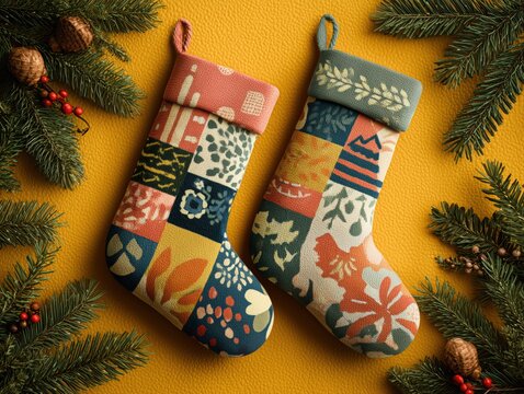 colorful christmas stockings on a festive background