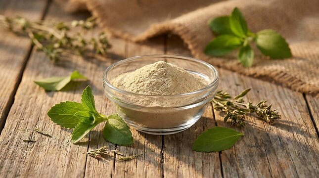 Brown protein powder in a glass bowl on a rustic wooden table with fresh green mint leaves. stevia powder