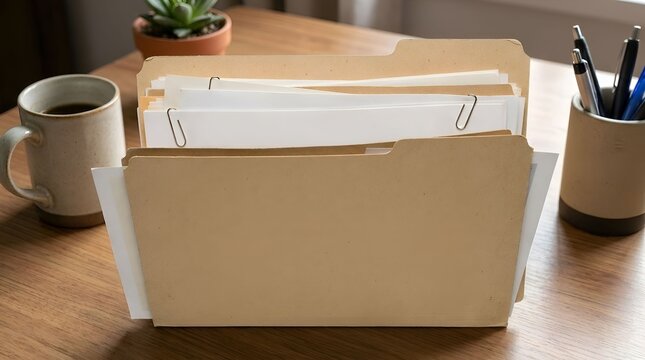 Manila folders filled with document papers standing on wooden desk beside coffee mug.