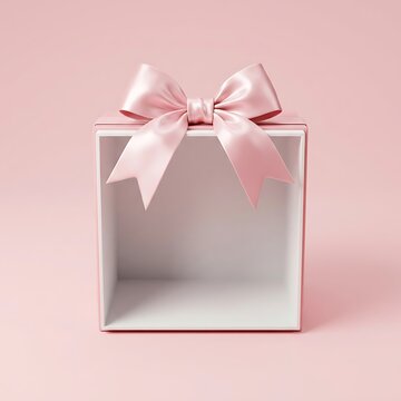 Open pink gift box featuring elegant silk ribbon bow resting on top isolated against clean pastel background for celebratory commercial presentation design projects