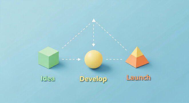 Business strategy concept displayed with geometric figures showing progression from initial thought toward final implementation and success in corporate planning endeavors