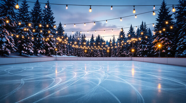 Empty outdoor ice rink with skate marks under string lights at dusk