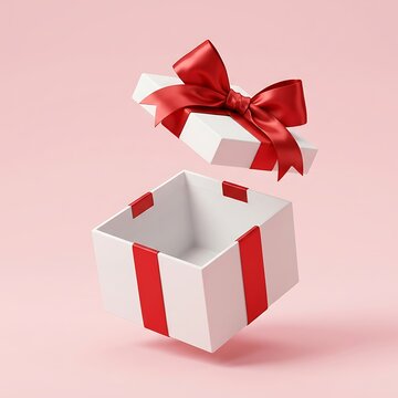 White gift box with shiny red ribbon floating and opening dynamically against minimalist solid pastel pink background showcasing festive celebration concept during holiday season