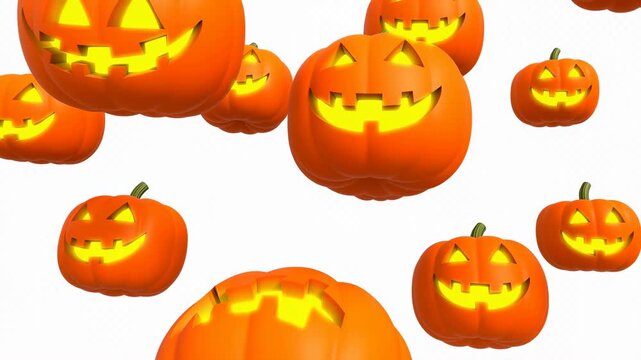 Animated Halloween pumpkins drift across white background with glowing carved faces, creating playful seasonal pattern as orange jack-o'-lantern shapes move through clean minimalist composition