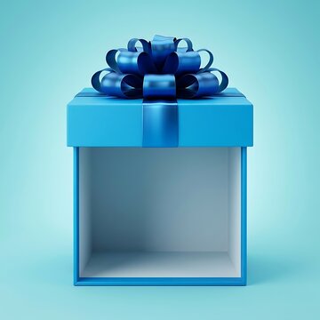 Bright blue gift box with glossy ribbon bow and empty cutout front opening for creative mockup display against clean studio colored background