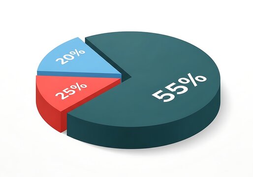 Isometric 3d pie chart with three colored segments showing data percentages