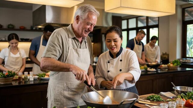 Happy senior man learning to stir-fry in a wok at an Asian cooking class