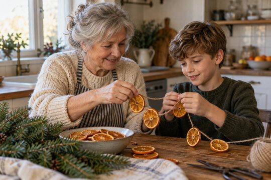 Nonna e nipote preparano una ghirlanda natalizia con arance essiccate