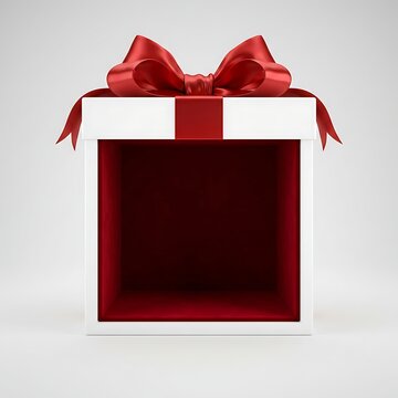 Beautiful empty white gift box decorated with elegant glossy red ribbon and bow standing brightly against clean studio background ready for custom design placement
