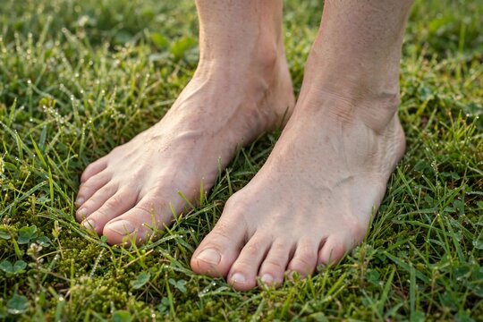 Bare feet standing on dewy green grass grounding earthing wellness concept