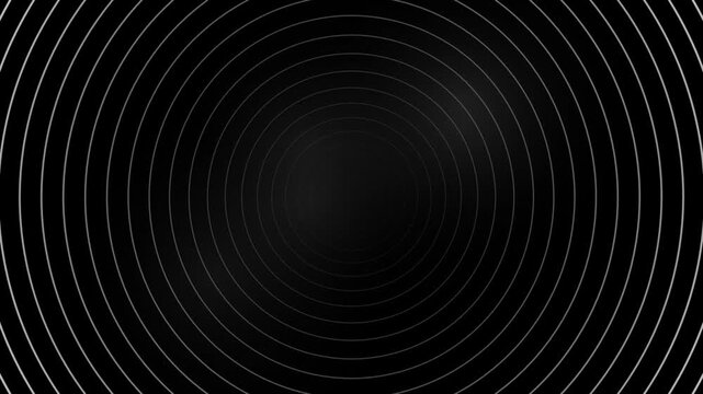 Minimalist concentric circles motion background, abstract white pulsing rings on black, seamless loopable technology