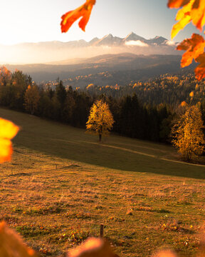 Majestic panoramic view of the Tatra Mountains landscape featuring snow-capped peaks, colorful forests, and picturesque valleys under a dramatic sky. Beautiful scenic nature and wilderness background