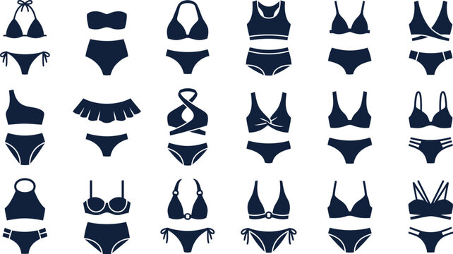 Collection of dark blue bikini and swimwear silhouettes on a white background, swimsuit icons