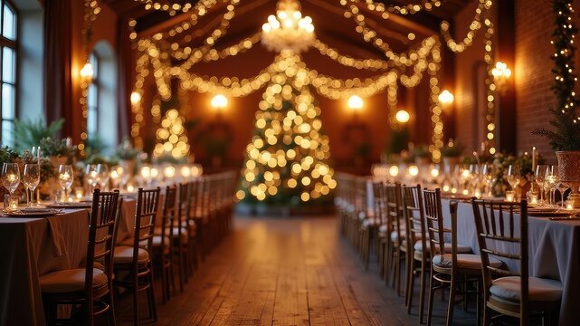 Elegant dining hall decorated for a christmas party with long tables and a glowing tree holiday dinner event venue banquet room glowing lights festive decor christmas celebration interior