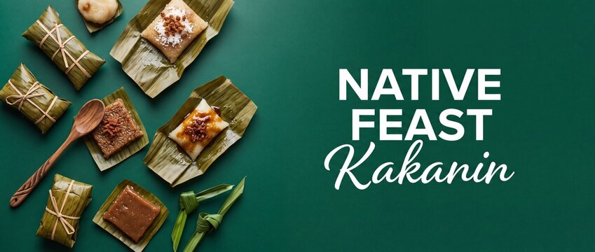 Filipino Kakanin Sticky Rice Cake Assortment on Banana Leaf Green Table, Traditional Southeast Asian Sweet Dessert Suman Biko Native Snack Flat Lay Delicacy Feast Concept Banner with Text Copy Space