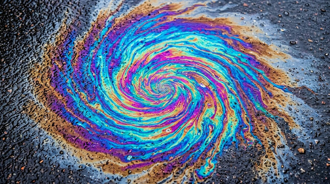 Colorful oil slick on asphalt, abstract rainbow swirl pattern, macro, vibrant iridescent colors.
