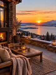 Naklejka premium Peaceful stone terrace overlooking a snowy mountain lake at golden sunset