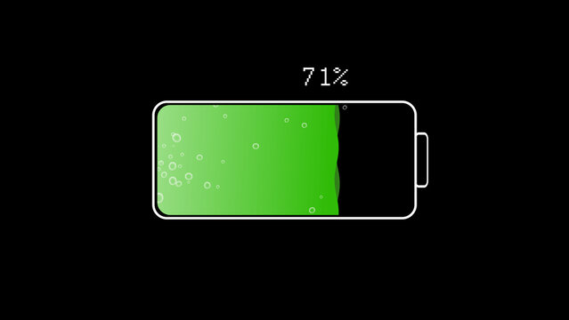 Digital battery status indicator shows seventy-one percent charge level with green liquid bubbles on dark background for technology power management concept use.