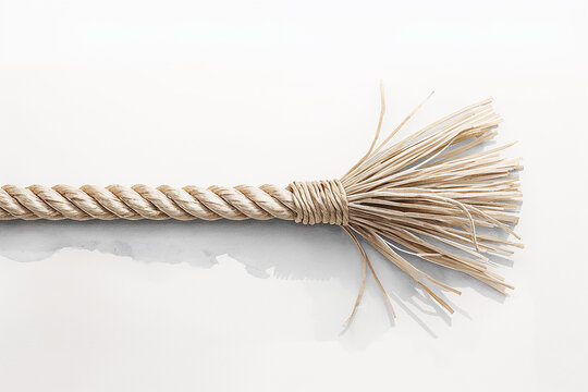A close up of a thick natural fiber rope with a frayed end, showing individual twisted strands and loose fibers against a clean white background