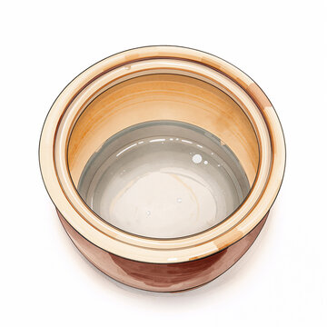A down view of a round brown ceramic bowl with a glossy finish containing a small amount of clear liquid reflecting light on a white background