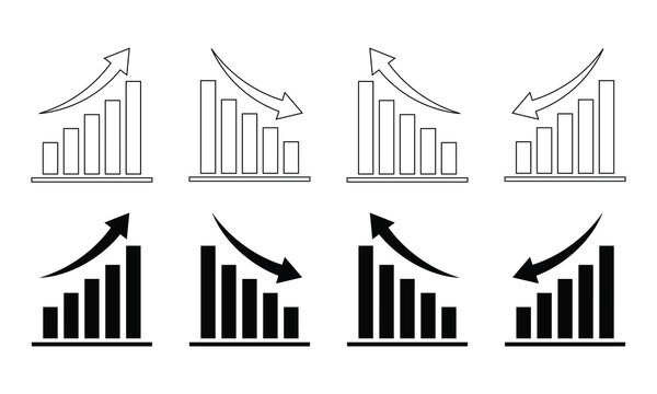 Growth and decline trend bar chart vector icon set