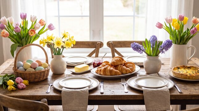 Easter brunch table with pastel eggs, spring flowers and croissants