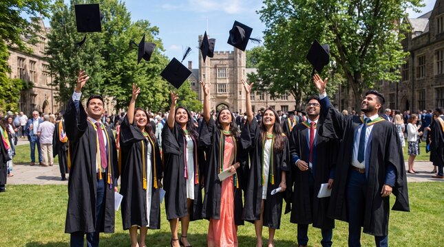Indian students throwing graduation caps in the air on a college campus