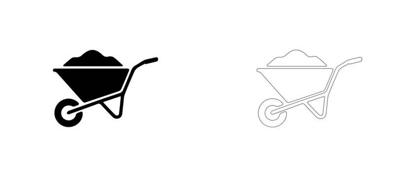 Garden wheelbarrow with soil vector icon filled and outline, hauling dirt and compost cart symbol.