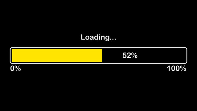 Yellow horizontal loading progress bar indicating fifty two percent completion on black background for website software installation and data transfer process.