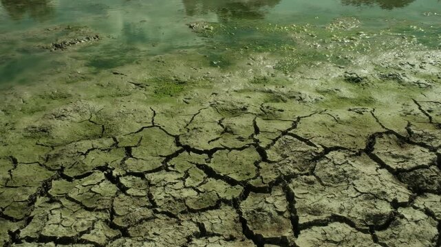 Cracked Dry Mud at Edge of Shallow Pond Water