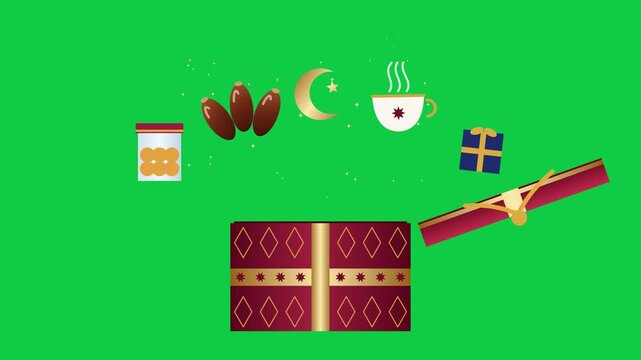 Red Gold Hampers Gift Box Opening with Dates Tea Cookies Floating Out, Lebaran Hampers on Green Screen