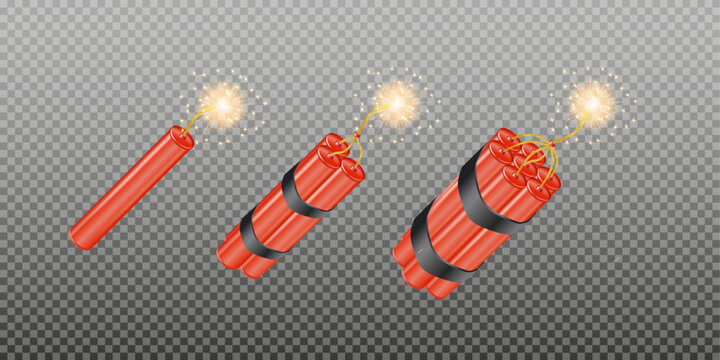 Realistic 3d bomb dynamite sticks with burning fuse. Vector