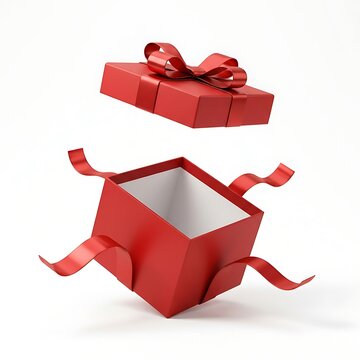 Red gift box floating with open lid and flowing ribbons on bright white background showcasing festive holiday celebration design elements and seasonal shopping concepts