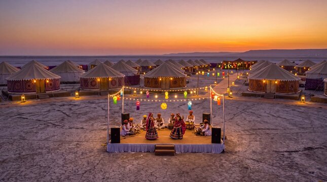 Rann Utsav tent city in Kutch at sunset with folk performers and lights