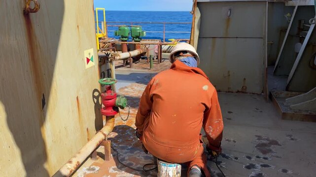 deckhand grinding main deck of cargo ship during sea travel.