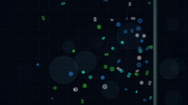 Abstract geometric particles floating on dark grid background with bokeh effects futuristic digital science animation